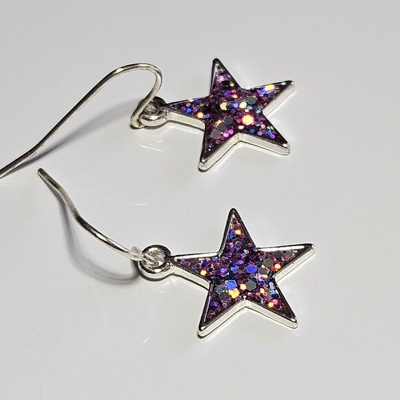 Silver Tone Dainty Pink Glitter Inlay Stars Dangling Earrings - Picture 10 of 11